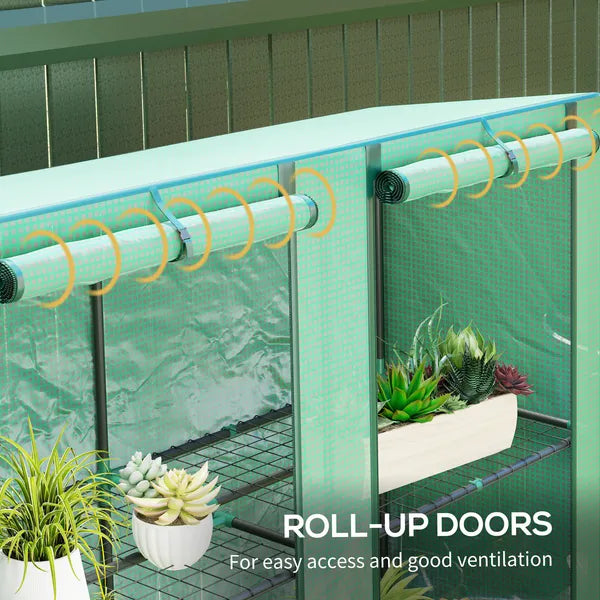 Outsunny Lean-to Greenhouse with 3 Tier Shelves, Portable Greenhouse with PE Cover, 2 Roll-Up Doors, 56.7" x 18.9" x 59.8", Green - product image 6