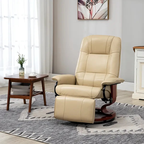 HOMCOM Leather Manual Recliner, Adjustable Swivel Lounge Chair with Footrest, Armrest and Wrapped Wood Base for Living Room, Cream White - product image 2