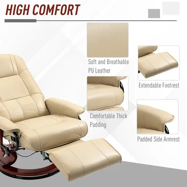 HOMCOM Leather Manual Recliner, Adjustable Swivel Lounge Chair with Footrest, Armrest and Wrapped Wood Base for Living Room, Cream White - product image 6