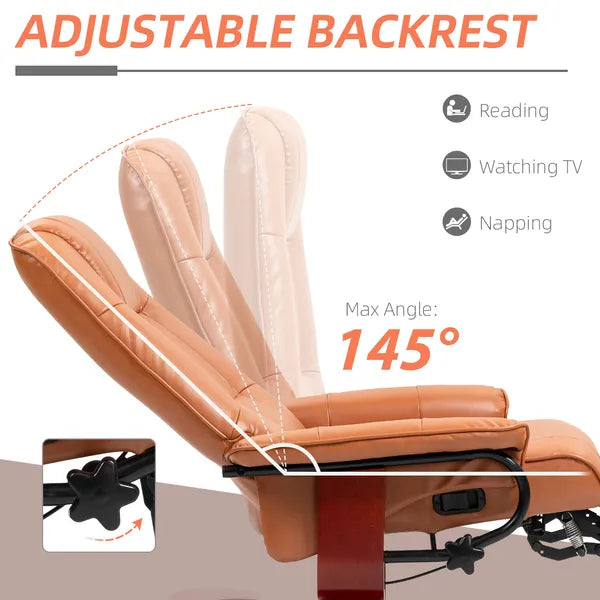 HOMCOM Leather Manual Recliner Adjustable Swivel Lounge Chair with Footrest Armrest and Wrapped Wood Base for Living Room, Light Brown - product image 4