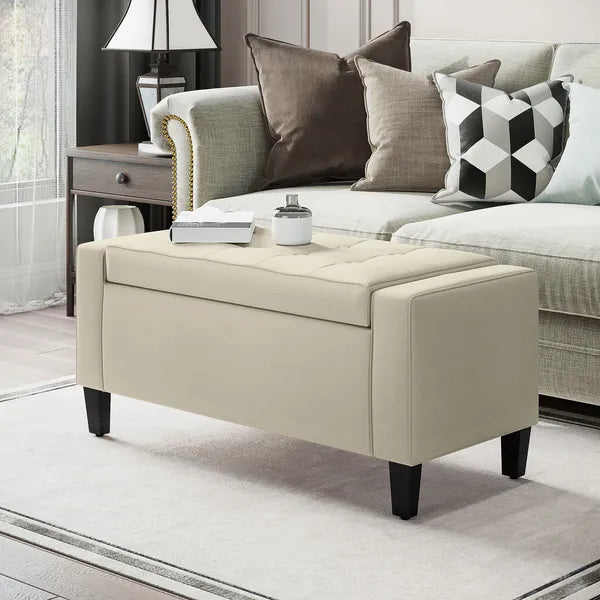 HOMCOM Linen Tufted Storage Ottoman Bench with Lift Top for Spacious Living Room Entryway Bedroom Decor Beige - product image 2