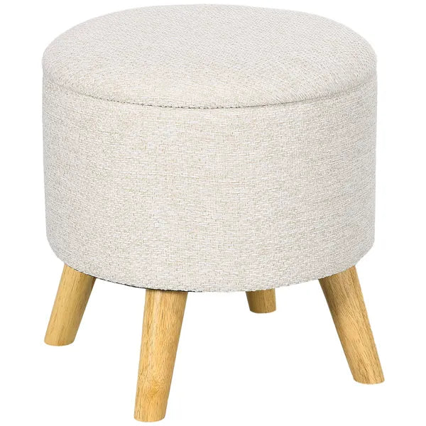 Round Upholstered Storage Ottoman with Wood Legs and Padded Seat, Cream White - product image 1