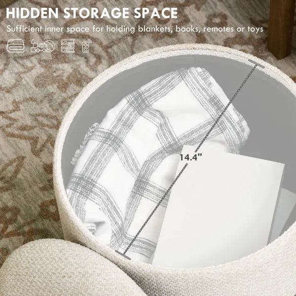 Round Upholstered Storage Ottoman with Wood Legs and Padded Seat, Cream White - product image 4