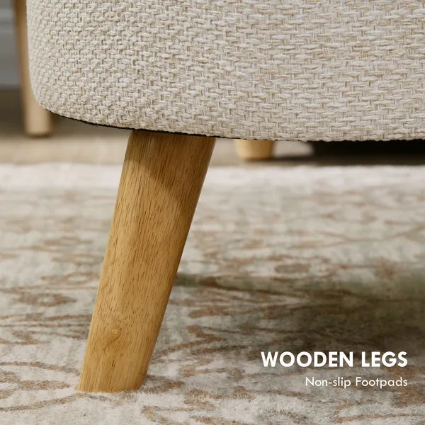 Round Upholstered Storage Ottoman with Wood Legs and Padded Seat, Cream White - product image 7