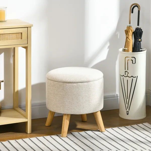 Round Upholstered Storage Ottoman with Wood Legs and Padded Seat, Cream White - product image 2