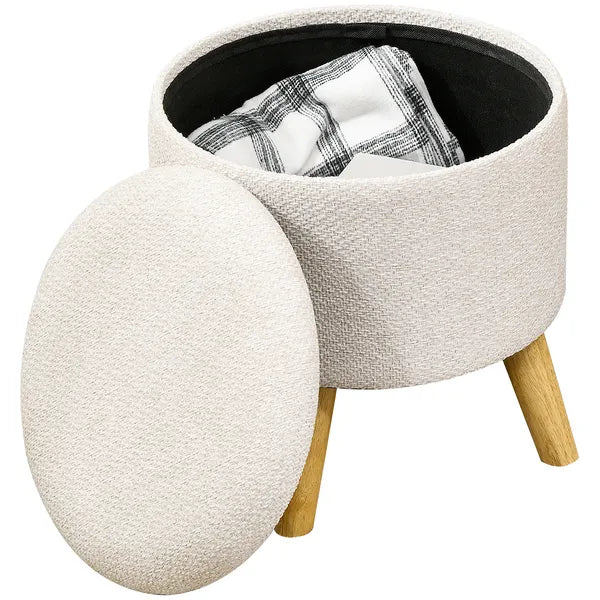 Round Upholstered Storage Ottoman with Wood Legs and Padded Seat, Cream White - product image 11