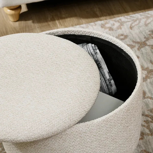 Round Upholstered Storage Ottoman with Wood Legs and Padded Seat, Cream White - product image 8
