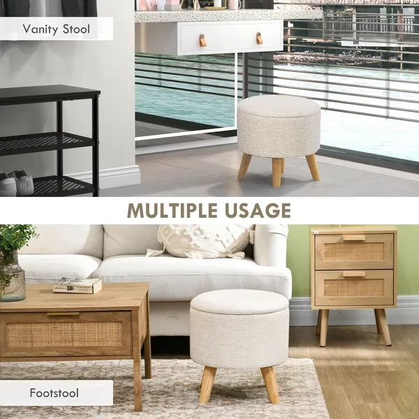Round Upholstered Storage Ottoman with Wood Legs and Padded Seat, Cream White - product image 6