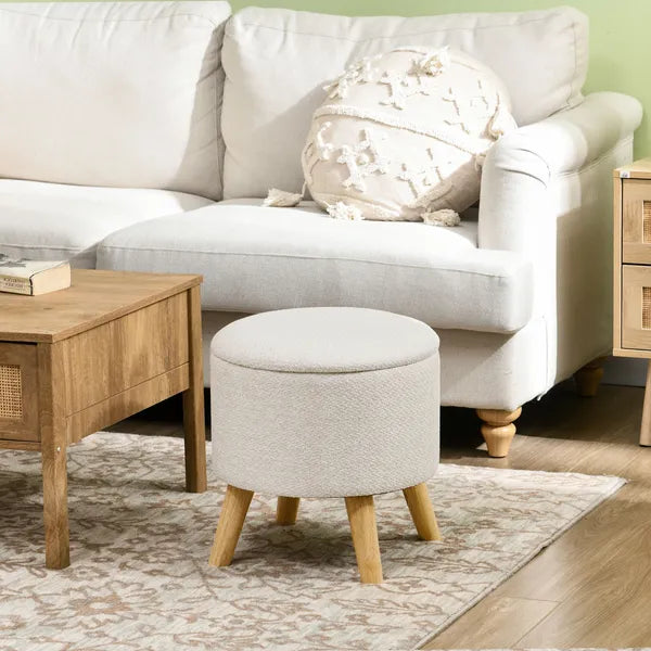 Round Upholstered Storage Ottoman with Wood Legs and Padded Seat, Cream White - product image 10