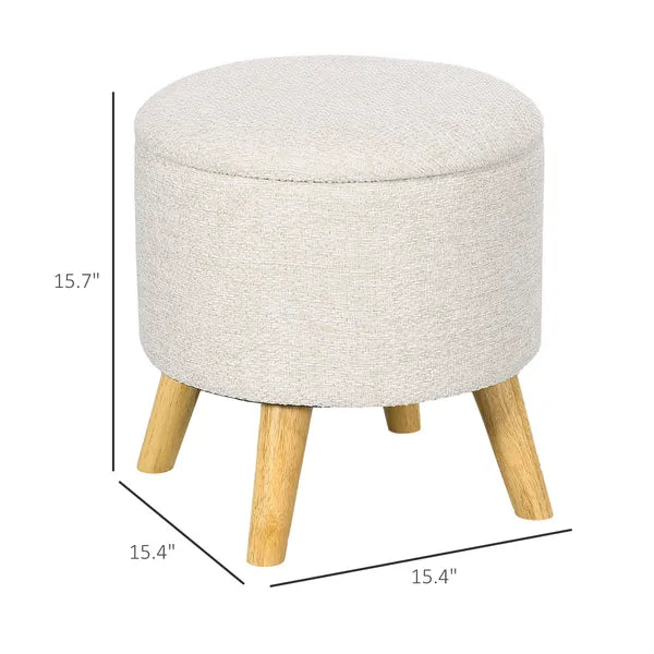 Round Upholstered Storage Ottoman with Wood Legs and Padded Seat, Cream White - product image 3