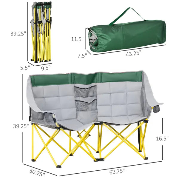 2 Person Folding Camping Chair with Carry Bag and Cup Holders, Green - product image 3