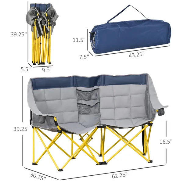 2 Person Folding Camping Chair with Carry Bag and Cup Holders, Navy Blue - product image 3