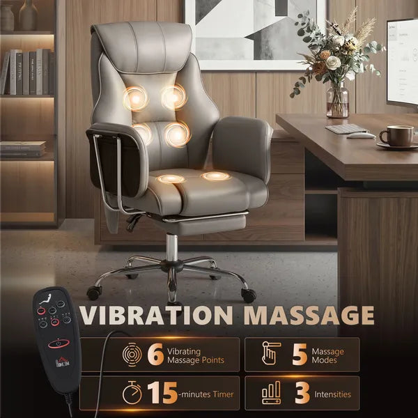HOMCOM Massage Office Chair with 6 Points Vibration, Executive Desk Chair with High Back, PU Leather, Footrest, Gray - product image 3