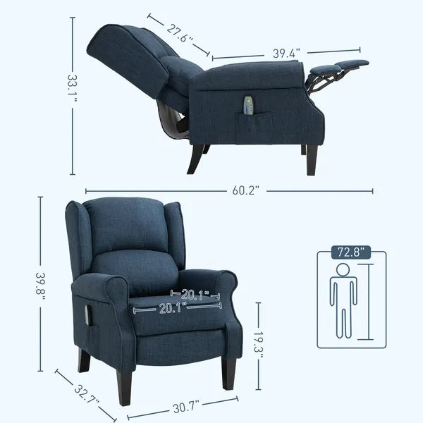 HOMCOM Massage Sofa Chair with Heat, Massage Recliner Chair with Remote Controller, Side Pocket, Blue - product image 3