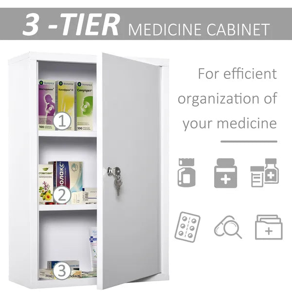 Medicine Cabinet Steel Wall Mount 24x16 3-Tier Storage Lockable White - product image 6