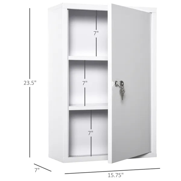 Medicine Cabinet Steel Wall Mount 24x16 3-Tier Storage Lockable White - product image 4