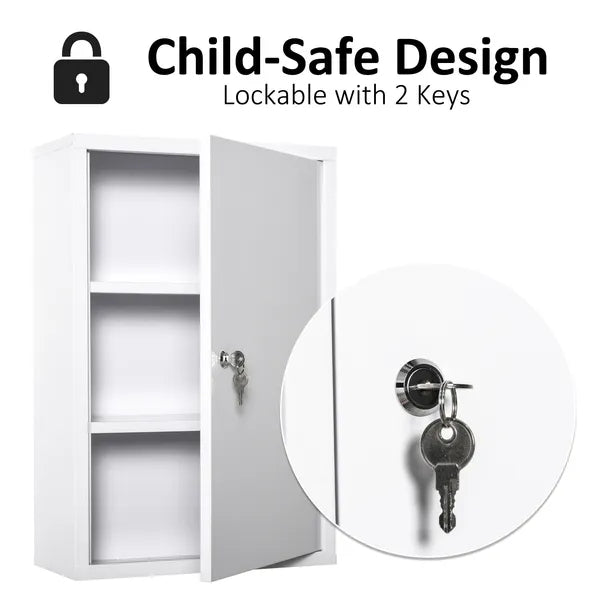 Medicine Cabinet Steel Wall Mount 24x16 3-Tier Storage Lockable White - product image 5