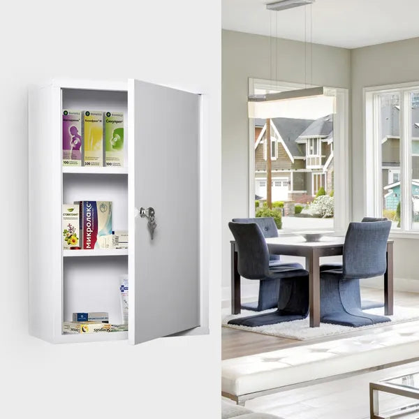Medicine Cabinet Steel Wall Mount 24x16 3-Tier Storage Lockable White - product image 3