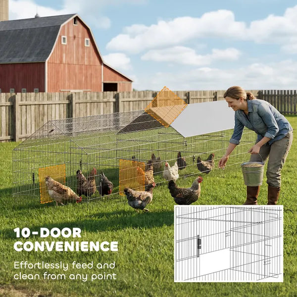 PawHut Metal Chicken Coop, Large Chicken Run with Water-Resistant and Anti-UV Cover for 7-9 Hens, Outdoor Hen House with 10 Doors - product image 4