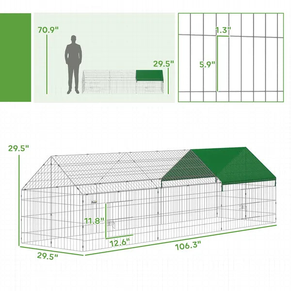 PawHut Metal Chicken Coop with Cover for Backyard Small Animals Duck Rabbit, 106" x 29.5" x 29.5", Green - product image 2