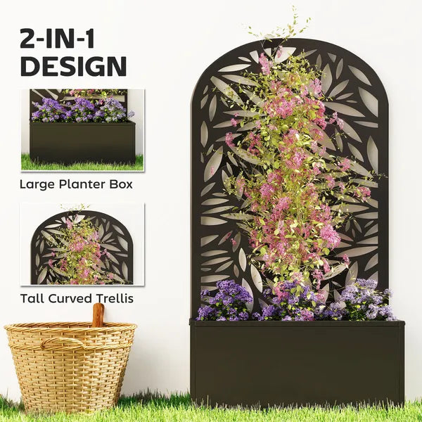 Outsunny 24 Inch Metal Garden Bed with Curved Leaf Trellis 7.7 Gallon Black - product image 4