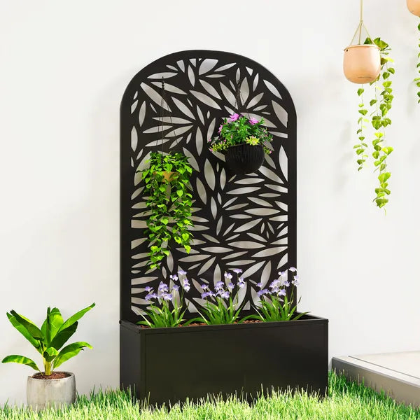 Outsunny 24 Inch Metal Garden Bed with Curved Leaf Trellis 7.7 Gallon Black - product image 2