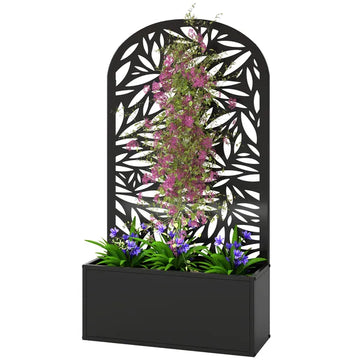 Outsunny 24 Inch Metal Garden Bed with Curved Leaf Trellis 7.7 Gallon Black - product image 1