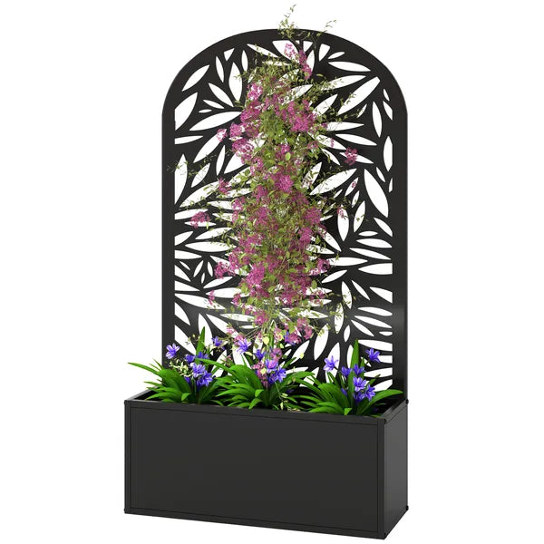 Outsunny 24 Inch Metal Garden Bed with Curved Leaf Trellis 7.7 Gallon Black - product image 1