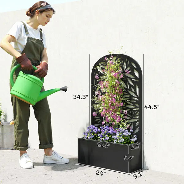 Outsunny 24 Inch Metal Garden Bed with Curved Leaf Trellis 7.7 Gallon Black - product image 3