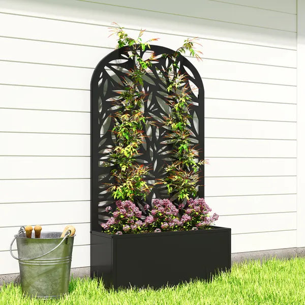Outsunny 24 Inch Metal Garden Bed with Curved Leaf Trellis 7.7 Gallon Black - product image 9