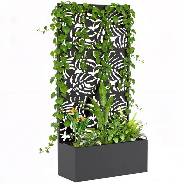 Outsunny Metal Planter Box with Trellis, 71 Inch Tall Raised Garden Bed with Privacy Screen and Drainage Holes, Banana-Leaf Cut-Outs - product image 11