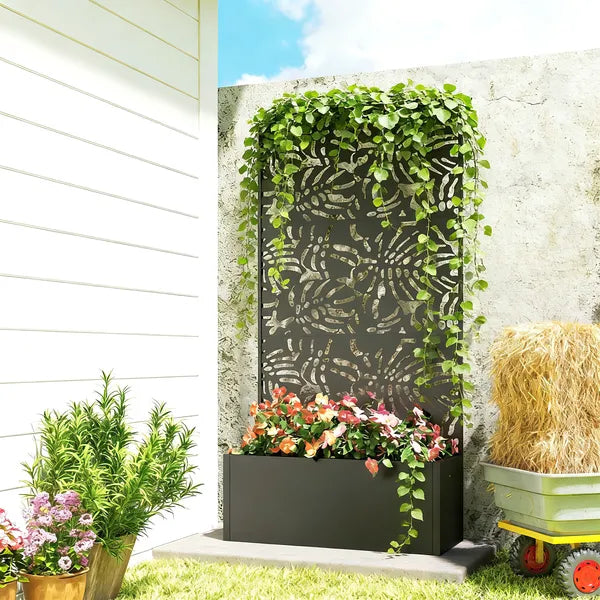 Outsunny Metal Planter Box with Trellis, 71 Inch Tall Raised Garden Bed with Privacy Screen and Drainage Holes, Banana-Leaf Cut-Outs - product image 2