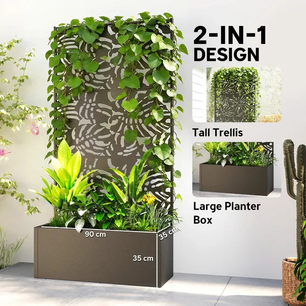 Outsunny Metal Planter Box with Trellis, 71 Inch Tall Raised Garden Bed with Privacy Screen and Drainage Holes, Banana-Leaf Cut-Outs - product image 4