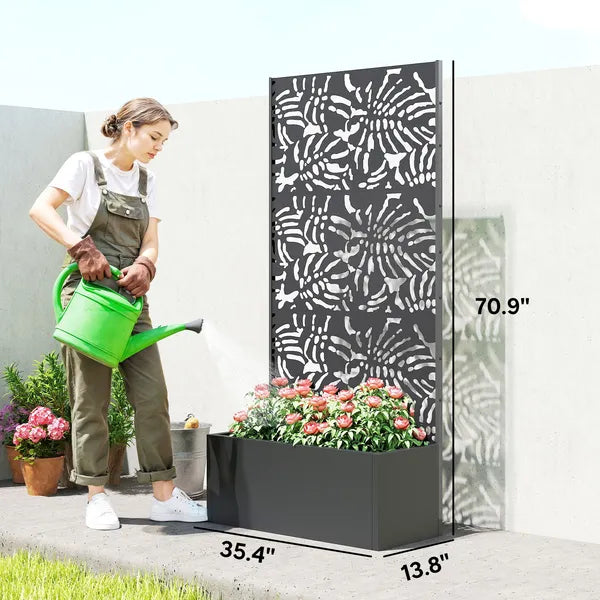 Outsunny Metal Planter Box with Trellis, 71 Inch Tall Raised Garden Bed with Privacy Screen and Drainage Holes, Banana-Leaf Cut-Outs - product image 3