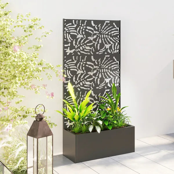 Outsunny Metal Planter Box with Trellis, 71 Inch Tall Raised Garden Bed with Privacy Screen and Drainage Holes, Banana-Leaf Cut-Outs - product image 9