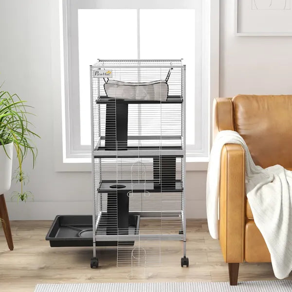 PawHut Metal Small Animal Cage Rolling Big Ferret Cage, Chinchilla Cage, Sugar Glider Cage, with Hammock and 4 Tiers, Removable Tray, White - product image 9