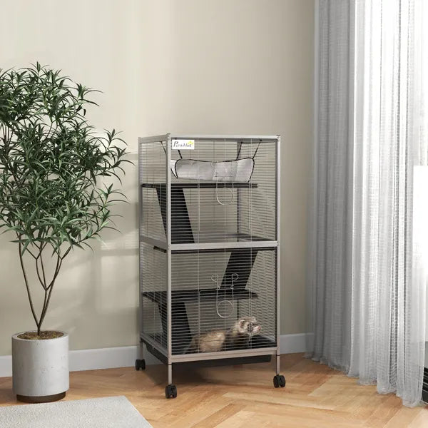 PawHut Metal Small Animal Cage Rolling Big Ferret Cage, Chinchilla Cage, Sugar Glider Cage, with Hammock and 4 Tiers, Removable Tray, White - product image 10