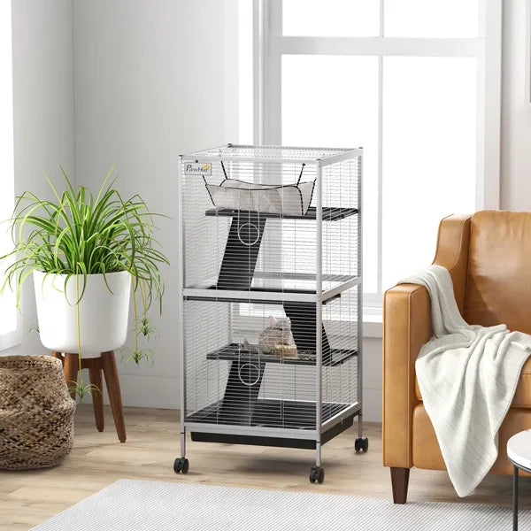 PawHut Metal Small Animal Cage Rolling Big Ferret Cage, Chinchilla Cage, Sugar Glider Cage, with Hammock and 4 Tiers, Removable Tray, White - product image 2