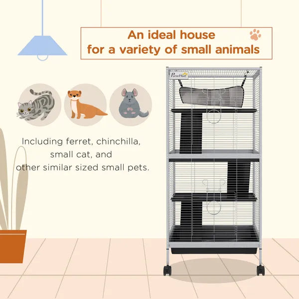 PawHut Metal Small Animal Cage Rolling Big Ferret Cage, Chinchilla Cage, Sugar Glider Cage, with Hammock and 4 Tiers, Removable Tray, White - product image 4