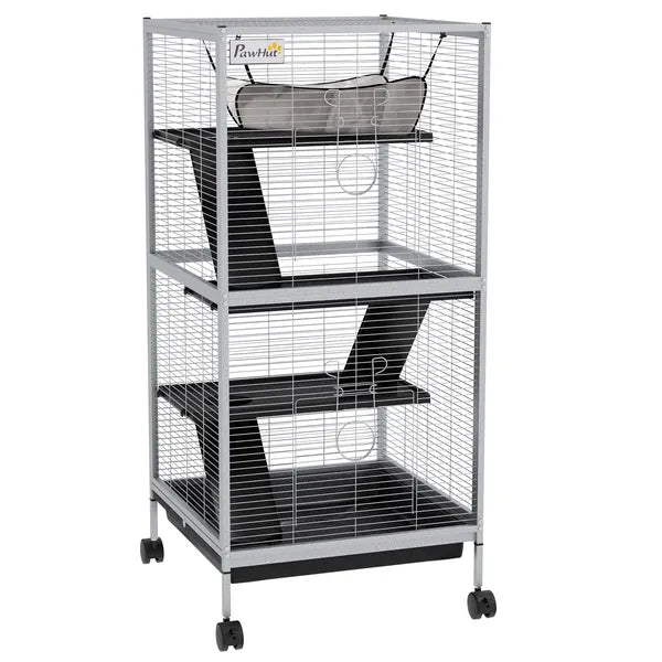 PawHut Metal Small Animal Cage Rolling Big Ferret Cage, Chinchilla Cage, Sugar Glider Cage, with Hammock and 4 Tiers, Removable Tray, White - product image 12
