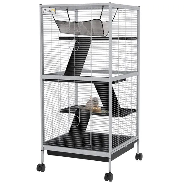 PawHut Metal Small Animal Cage Rolling Big Ferret Cage, Chinchilla Cage, Sugar Glider Cage, with Hammock and 4 Tiers, Removable Tray, White - product image 11