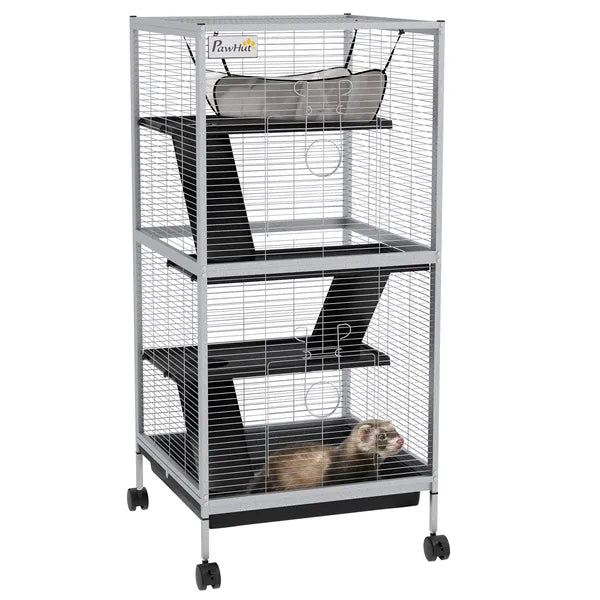 PawHut Metal Small Animal Cage Rolling Big Ferret Cage, Chinchilla Cage, Sugar Glider Cage, with Hammock and 4 Tiers, Removable Tray, White - product image 1