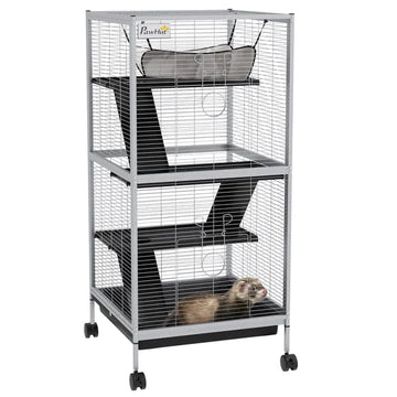 PawHut Metal Small Animal Cage Rolling Big Ferret Cage, Chinchilla Cage, Sugar Glider Cage, with Hammock and 4 Tiers, Removable Tray, White - product image 1