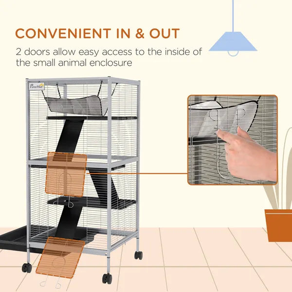 PawHut Metal Small Animal Cage Rolling Big Ferret Cage, Chinchilla Cage, Sugar Glider Cage, with Hammock and 4 Tiers, Removable Tray, White - product image 7