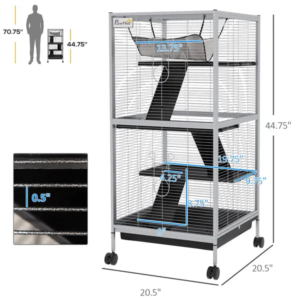 PawHut Metal Small Animal Cage Rolling Big Ferret Cage, Chinchilla Cage, Sugar Glider Cage, with Hammock and 4 Tiers, Removable Tray, White - product image 3