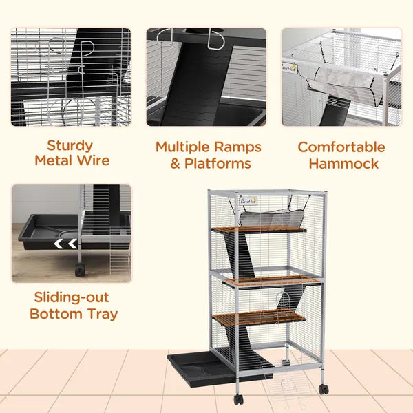 PawHut Metal Small Animal Cage Rolling Big Ferret Cage, Chinchilla Cage, Sugar Glider Cage, with Hammock and 4 Tiers, Removable Tray, White - product image 6