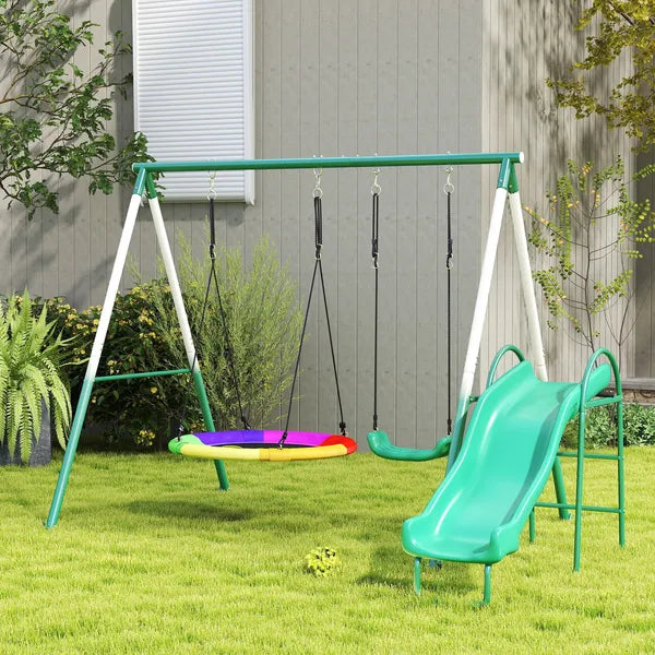 Metal Swing Set with Slide, Saucer Swing Seat, Heavy Duty A-Frame Stand and Adjustable Rope for Backyard, Dark Green - product image 10