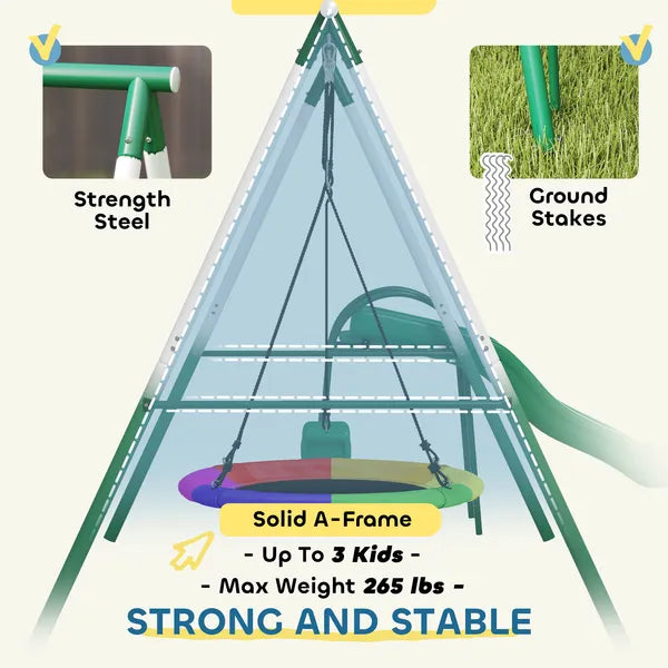 Metal Swing Set with Slide, Saucer Swing Seat, Heavy Duty A-Frame Stand and Adjustable Rope for Backyard, Dark Green - product image 5