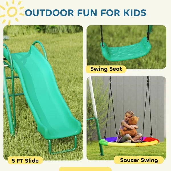 Metal Swing Set with Slide, Saucer Swing Seat, Heavy Duty A-Frame Stand and Adjustable Rope for Backyard, Dark Green - product image 4