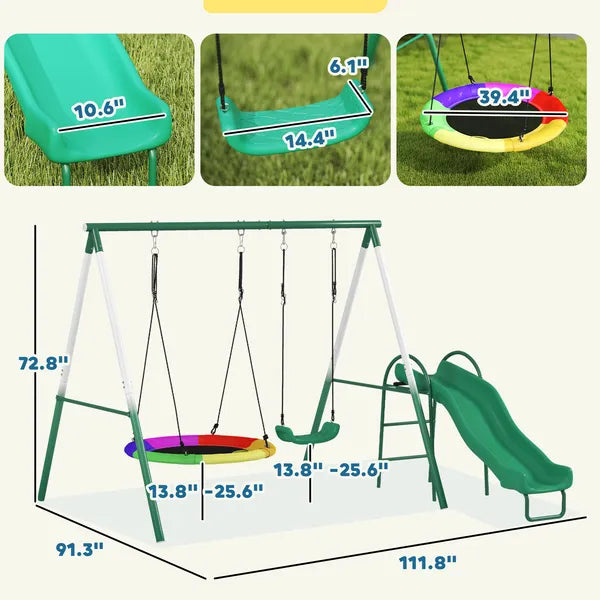 Metal Swing Set with Slide, Saucer Swing Seat, Heavy Duty A-Frame Stand and Adjustable Rope for Backyard, Dark Green - product image 3